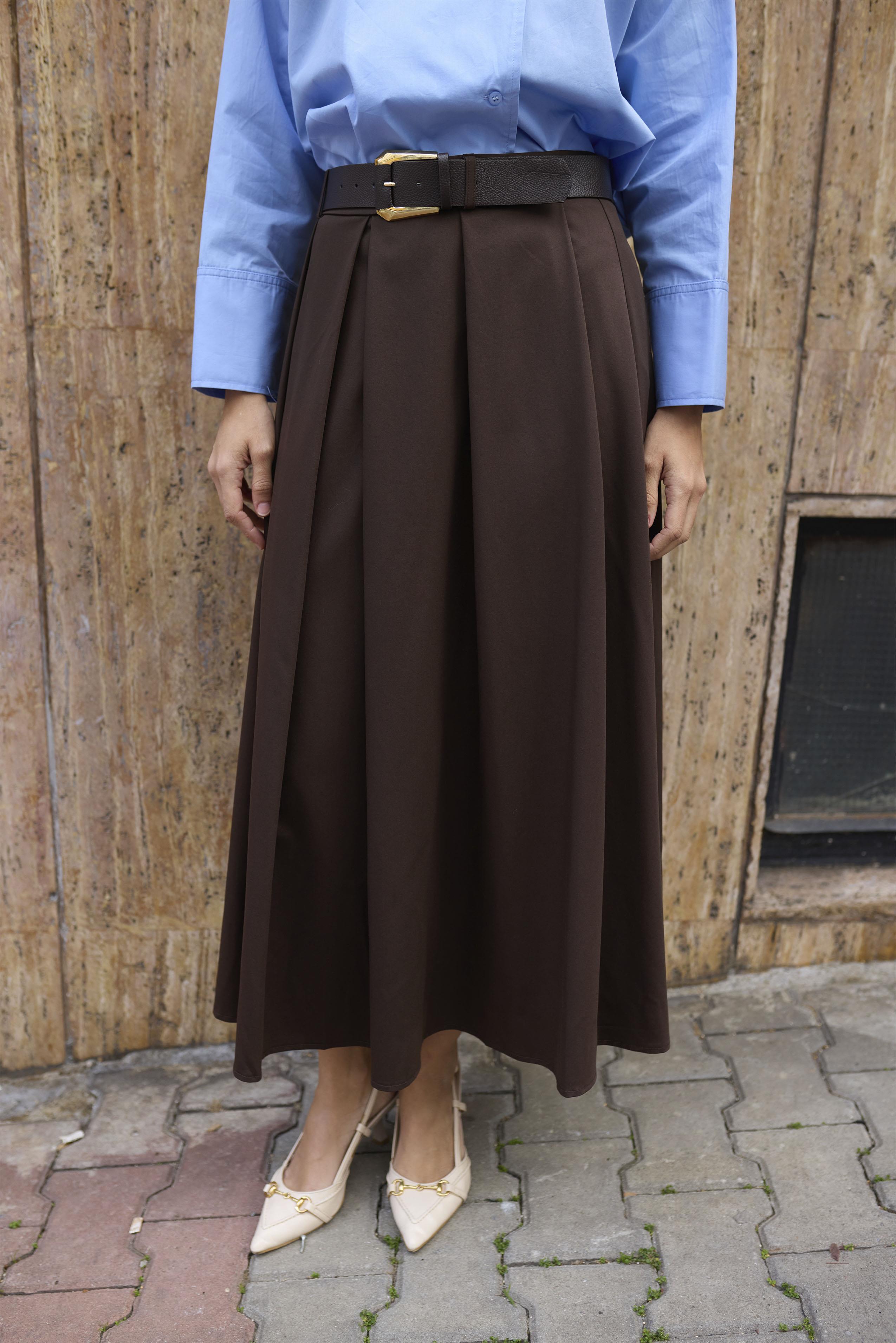 3360 POLİVİSKON KEMERLİ ETEK KOYU KAHVE