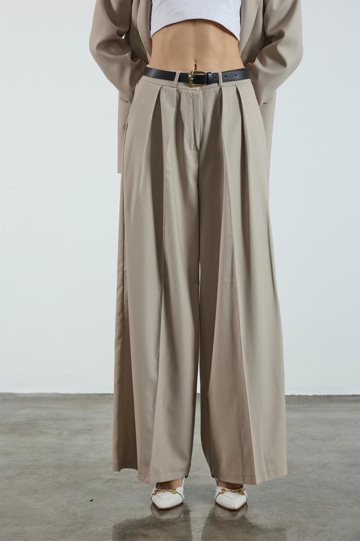 51070 PİLİLİ PALAZZO KEMERLİ PANTOLON TAŞ