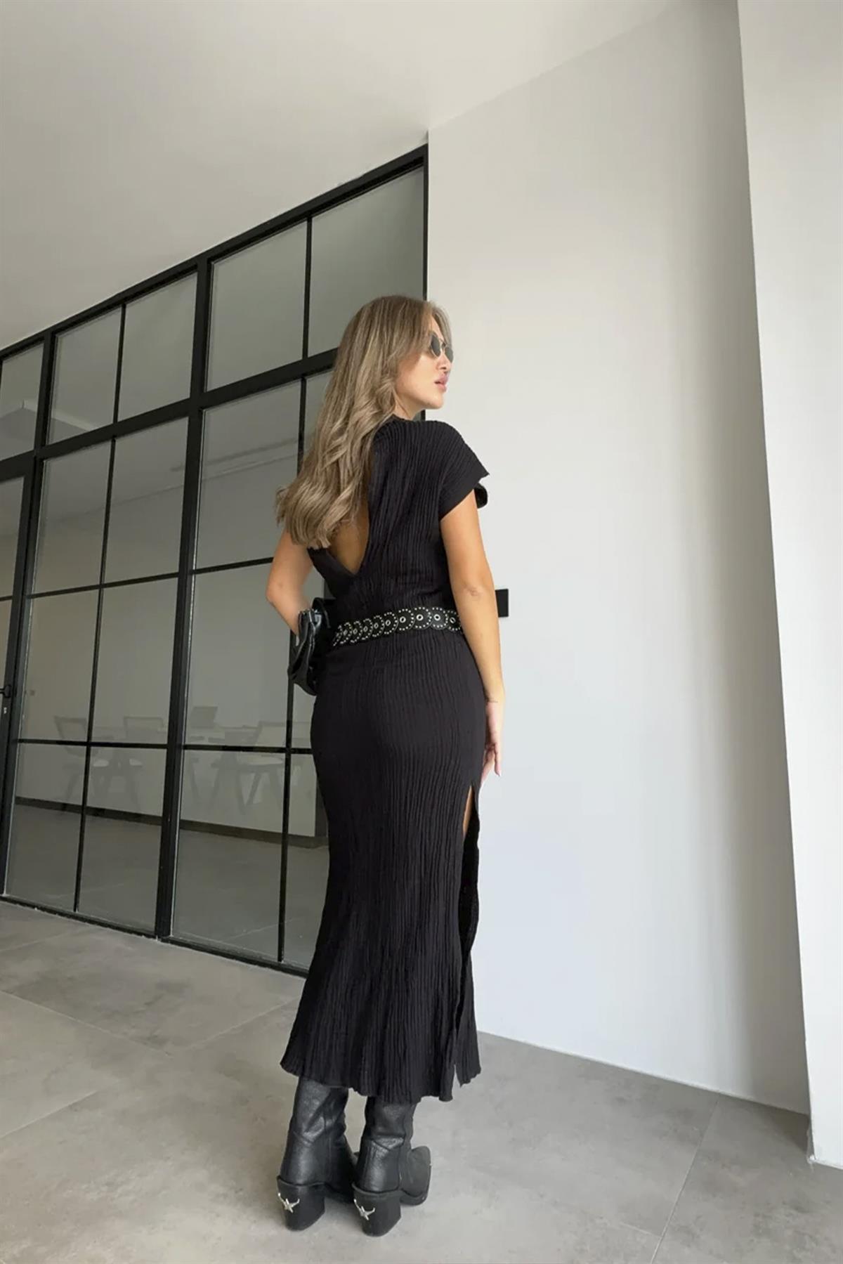 3233 KETEN ELBİSE SİYAH