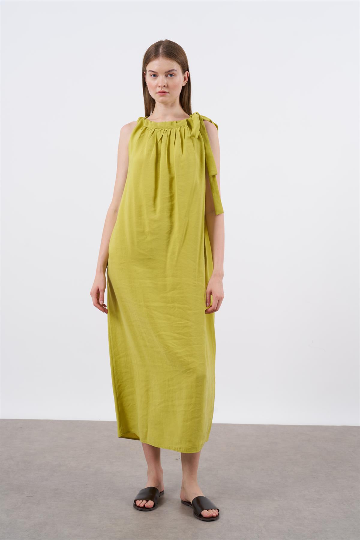 3213 OMUZDAN BAĞLAMALI ELBİSE HARDAL