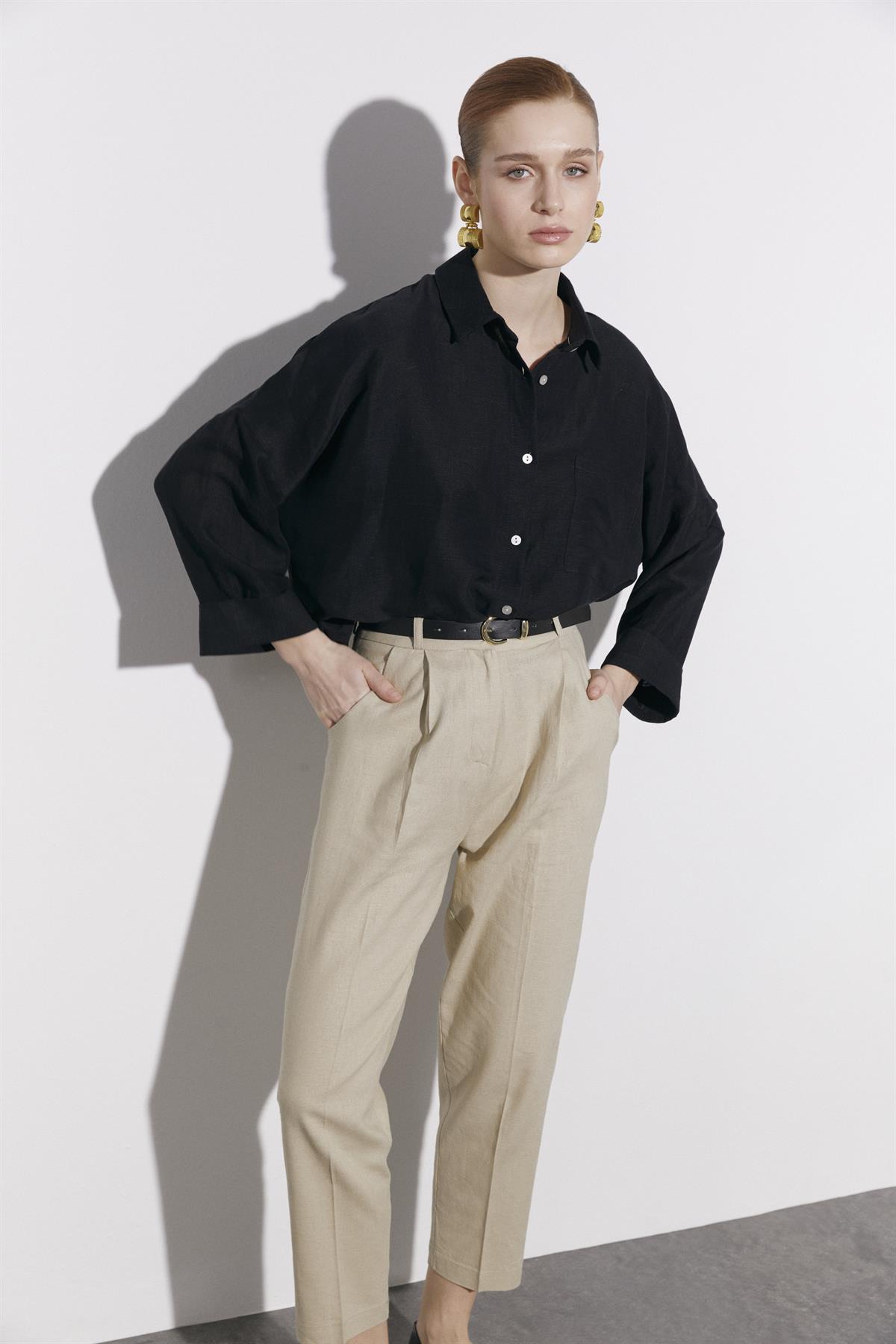 50985 KEMERLİ KETEN PANTOLON TAŞ