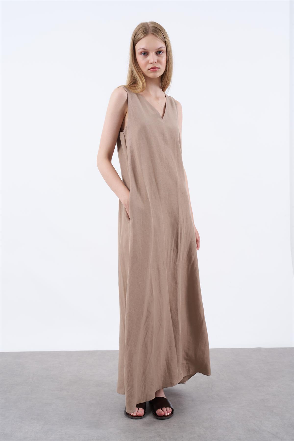 3216 LASTİK ASKILI ELBİSE VİZON