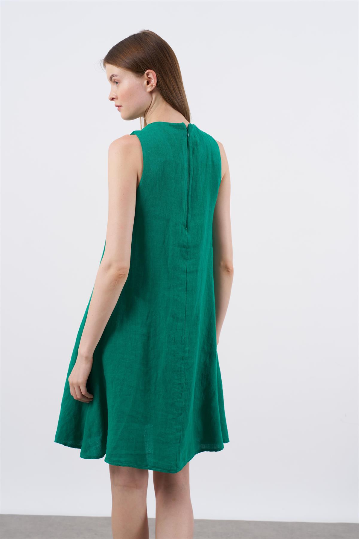 3202 SIFIR KOL KETEN ELBİSE(3181) KOYU ÇİMEN