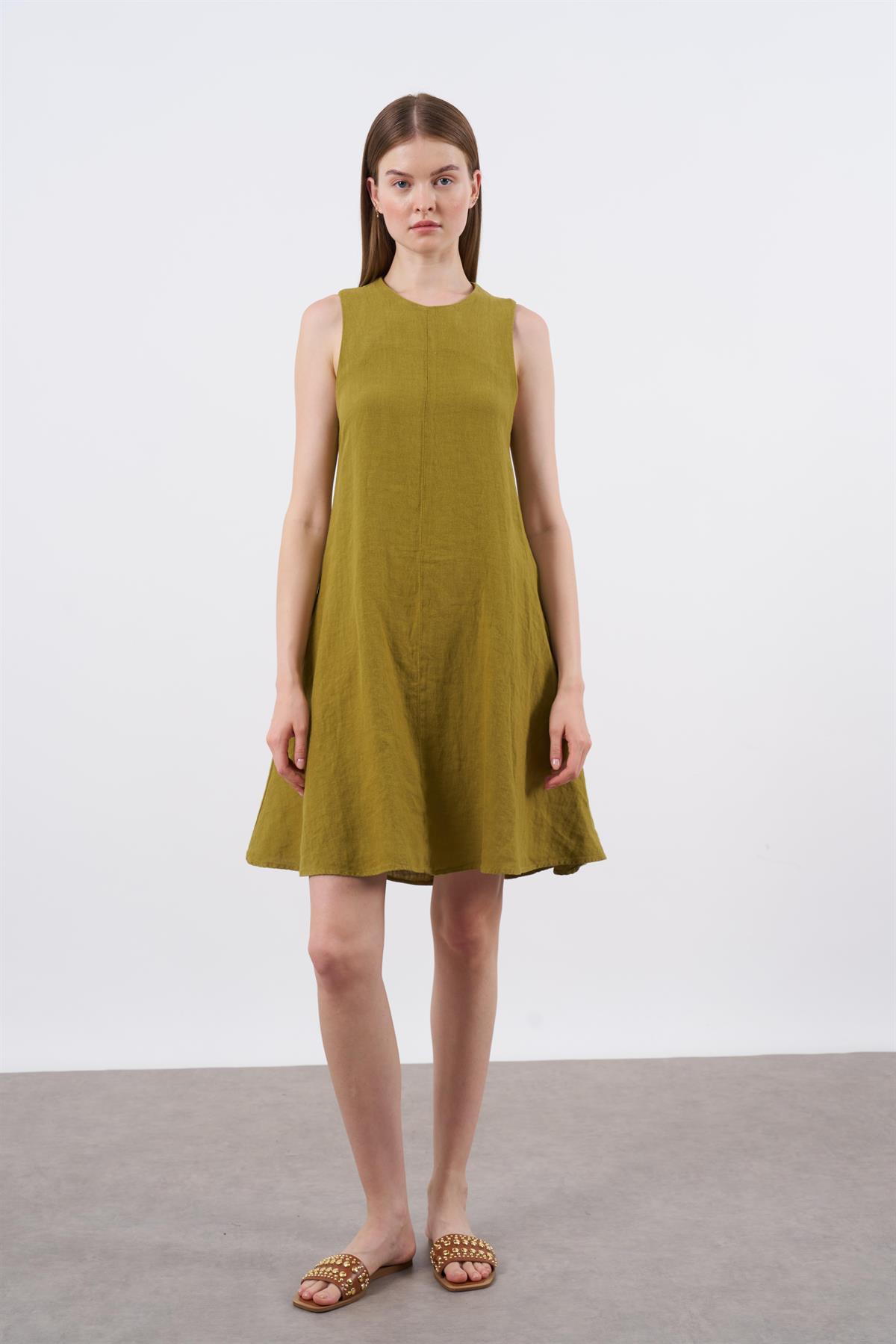 3202 SIFIR KOL KETEN ELBİSE(3181) YAĞ YEŞİLİ