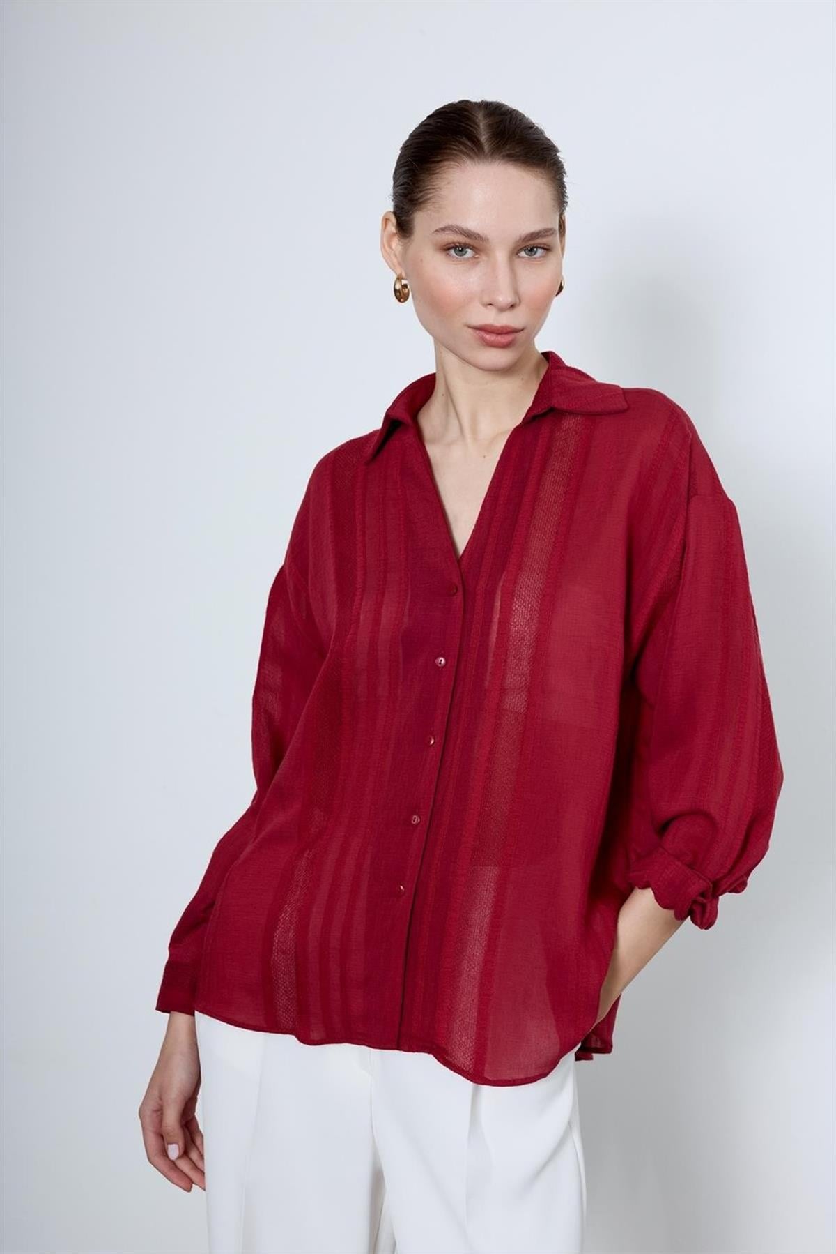 4914 TRANSPARAN GÖMLEK BORDO