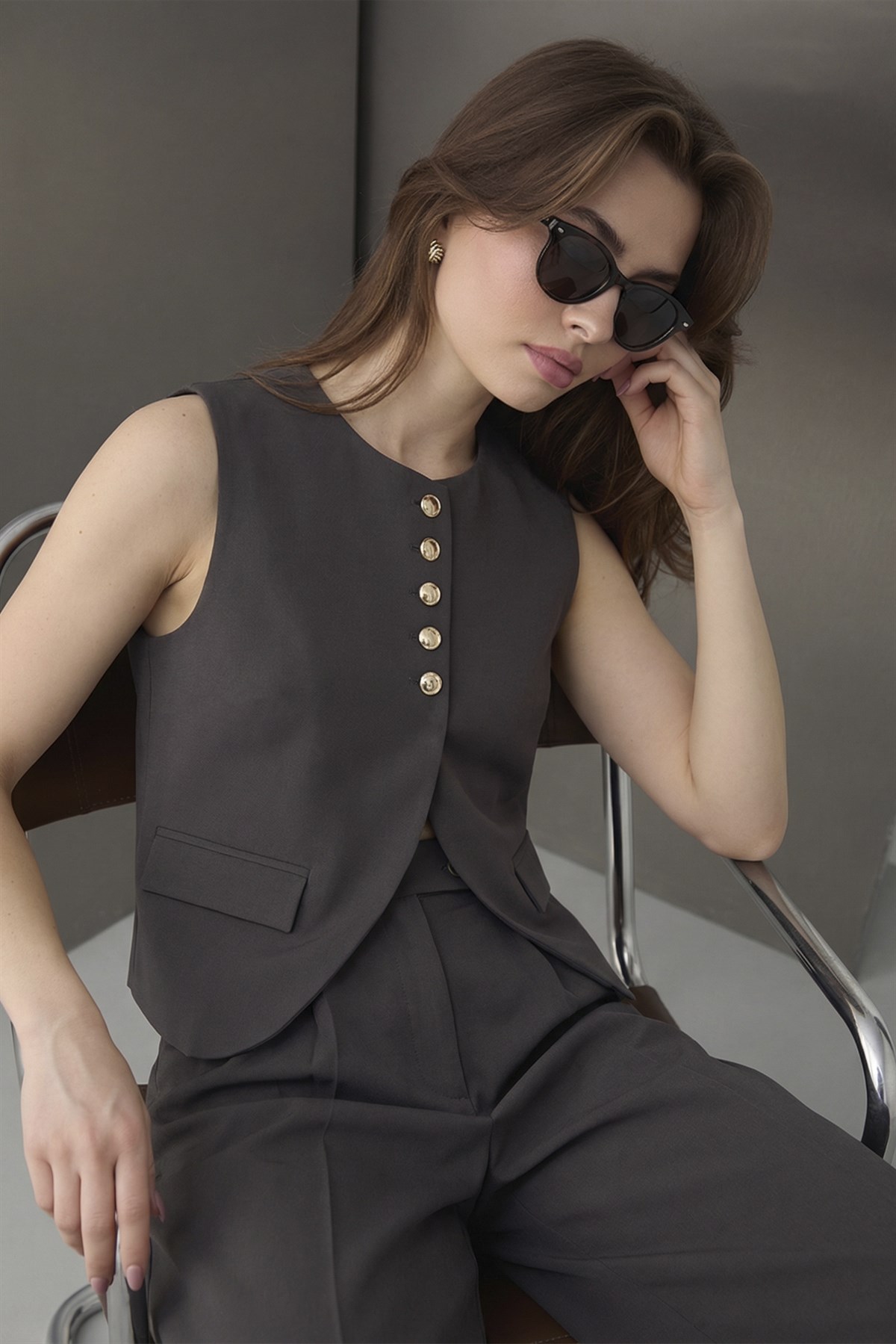 9716 KEMERLİ YELEK PANTOLON TAKIM (9595) KOYU KAHVE