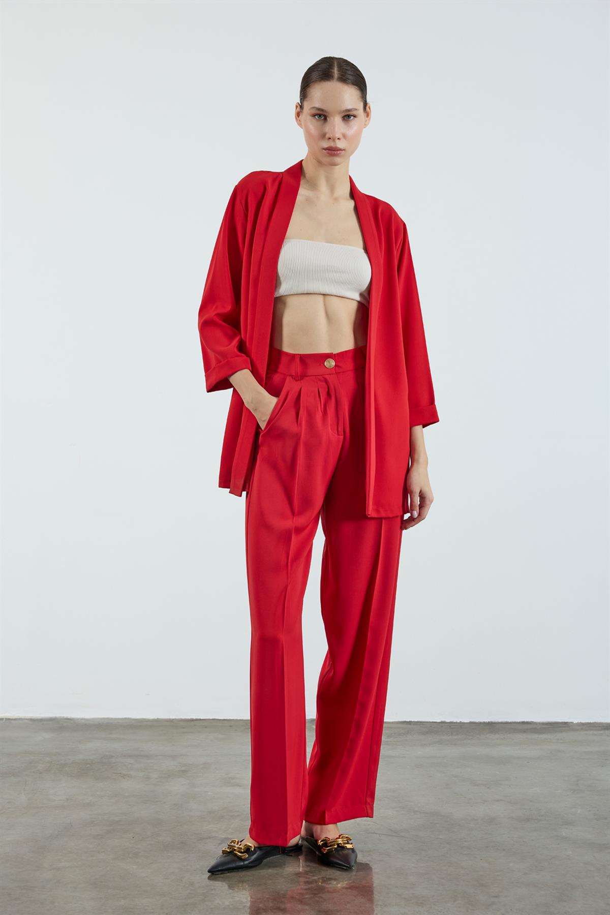 51078 PİLELİ PALAZZO PANTOLON KIRMIZI