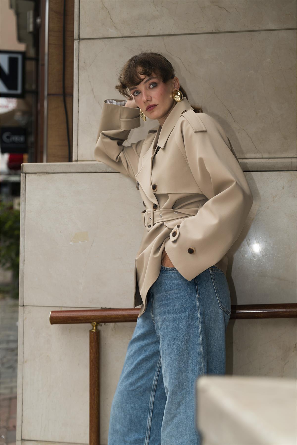 9587 ARA YAKALI TRENÇ CAMEL