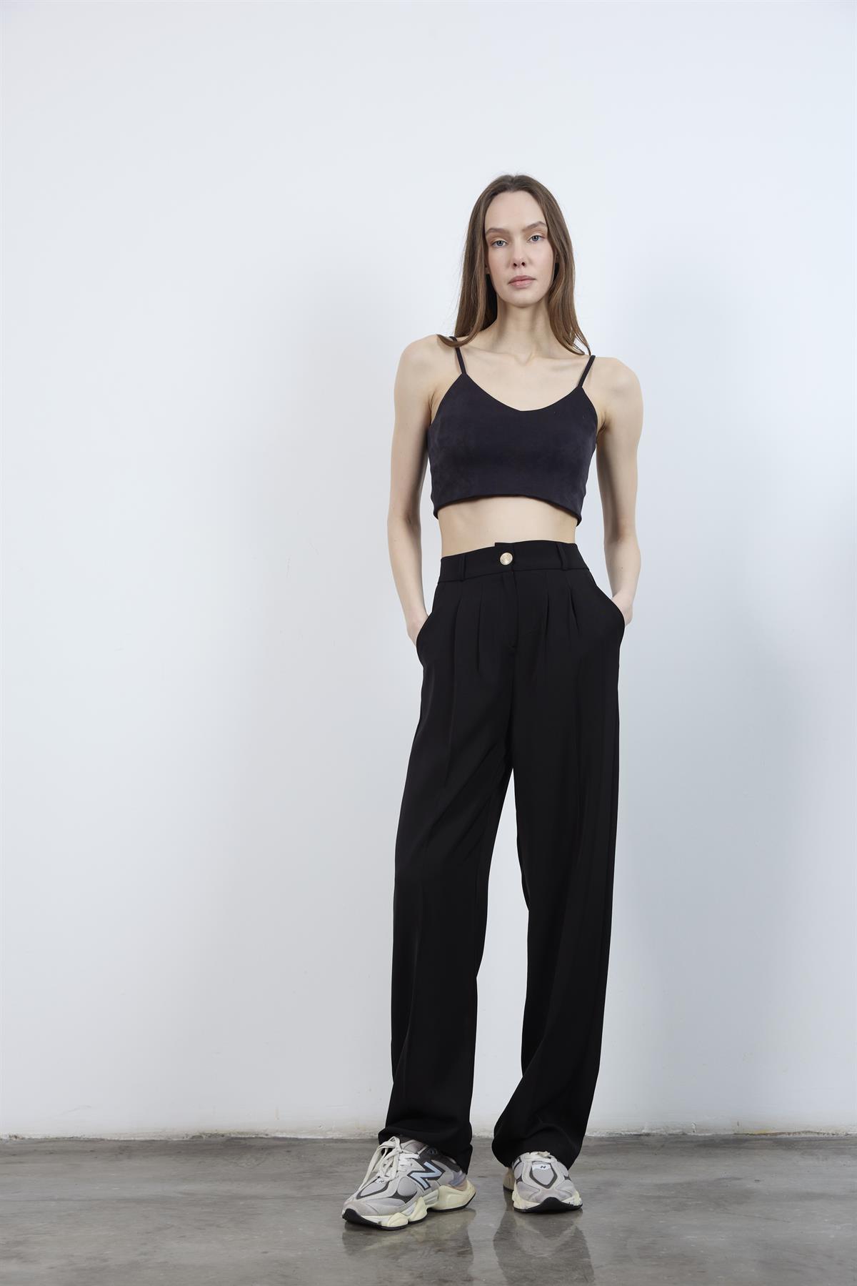 51078 PİLELİ PALAZZO PANTOLON SİYAH