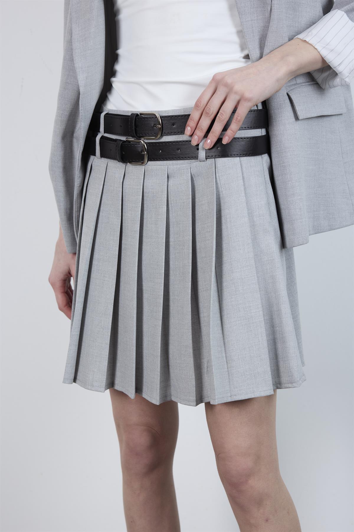 3239 PİLİLİ ÇİFT KEMERLİ ETEK GRİ