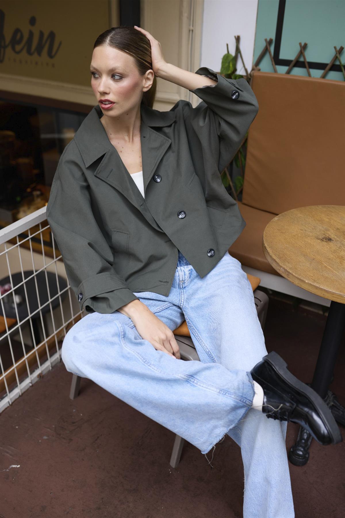 9628 CROP TRENÇ HAKİ