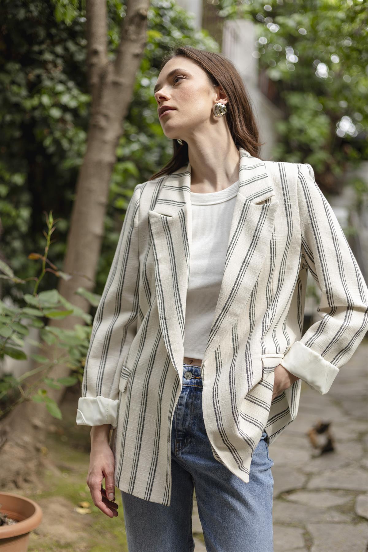 9424 ÇİZGİLİ KETEN CEKET (9134) TAŞ-LACİVERT