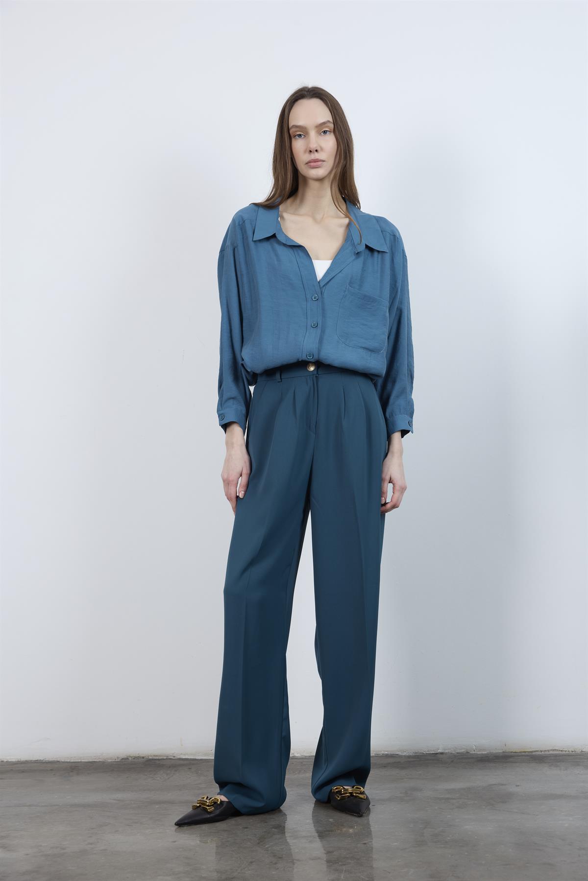 51078 PİLELİ PALAZZO PANTOLON PETROL MAVİ