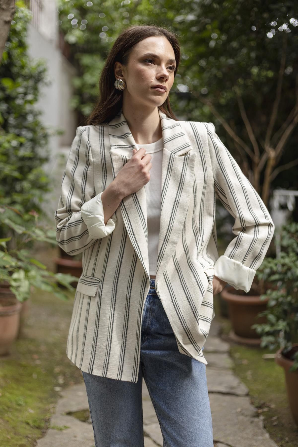 9424 ÇİZGİLİ KETEN CEKET (9134) TAŞ-LACİVERT