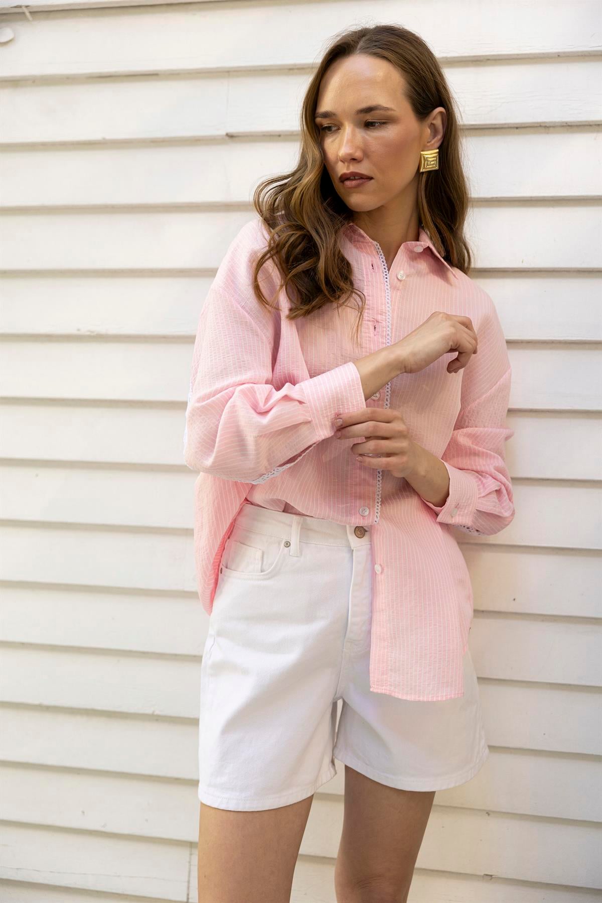 4958 DANTELLİ ÇİZGİLİ GÖMLEK PEMBE-BEYAZ