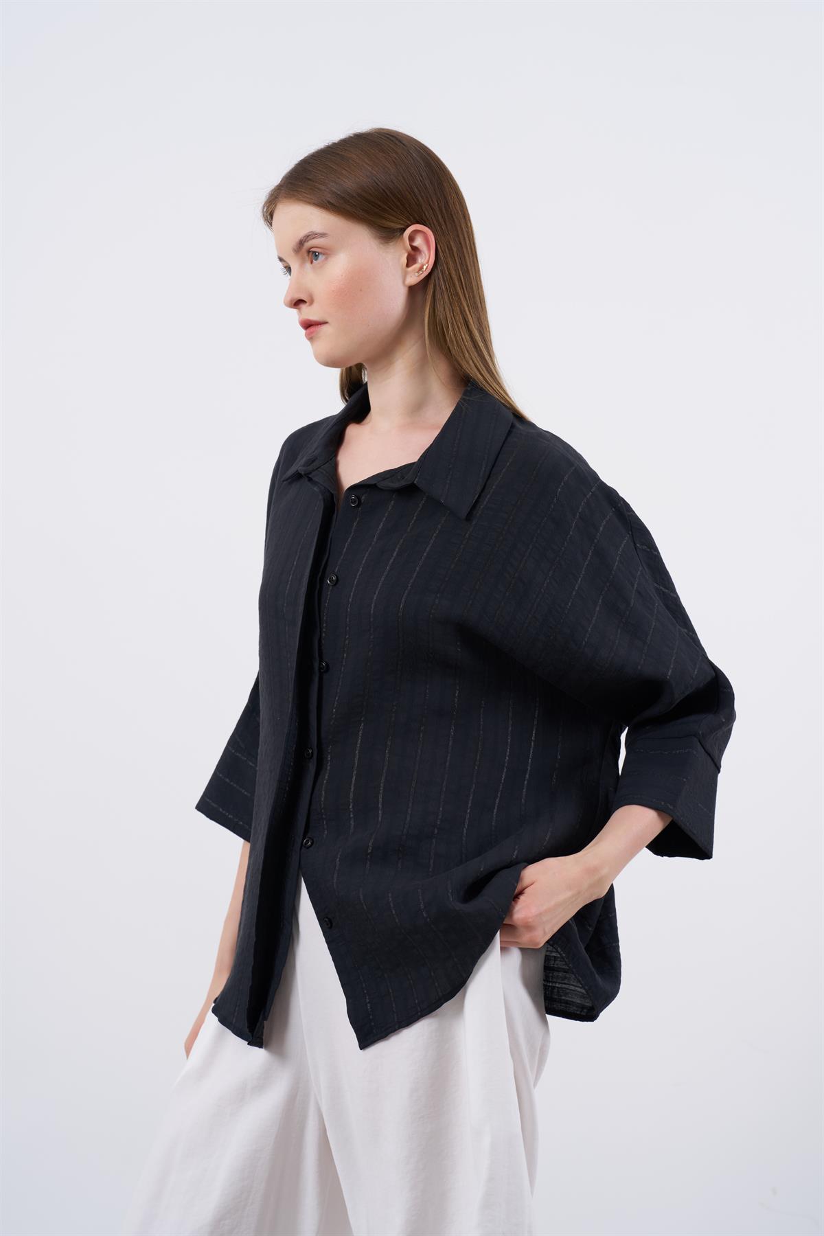 4937 ÇİZGİLİ YARASA GÖMLEK SİYAH