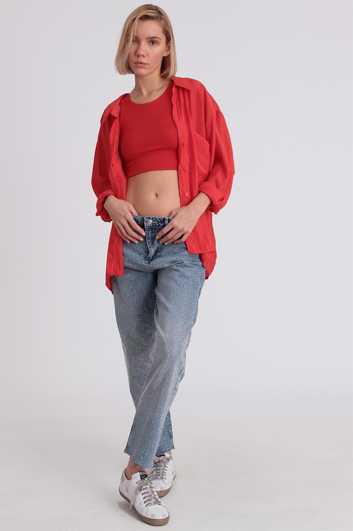 4612 DÜŞÜK OMUZLU OVERSİZE GÖMLEK KIRMIZI