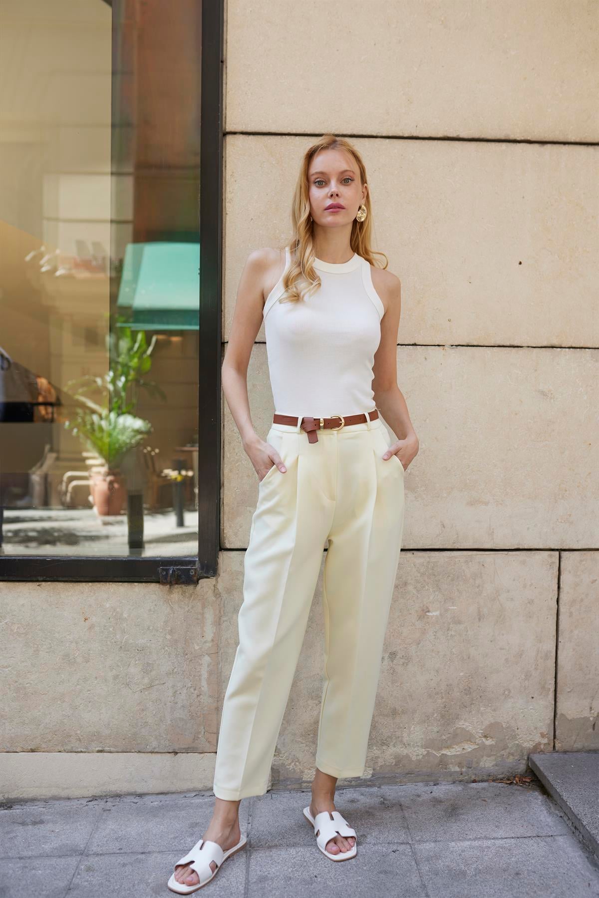 50938 KEMERLİ PANTOLON SARI