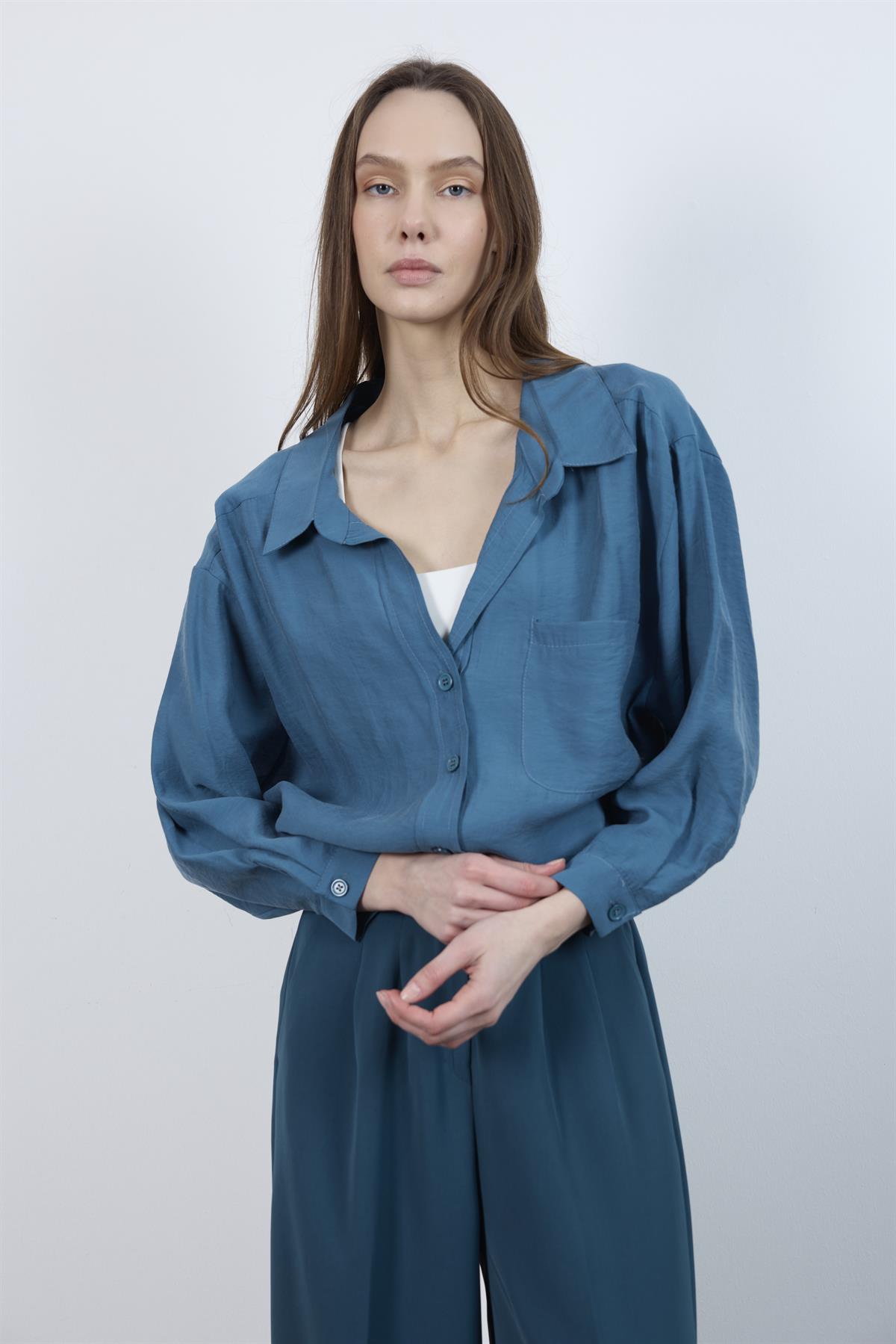 4612 DÜŞÜK OMUZLU OVERSİZE GÖMLEK PETROL MAVİ