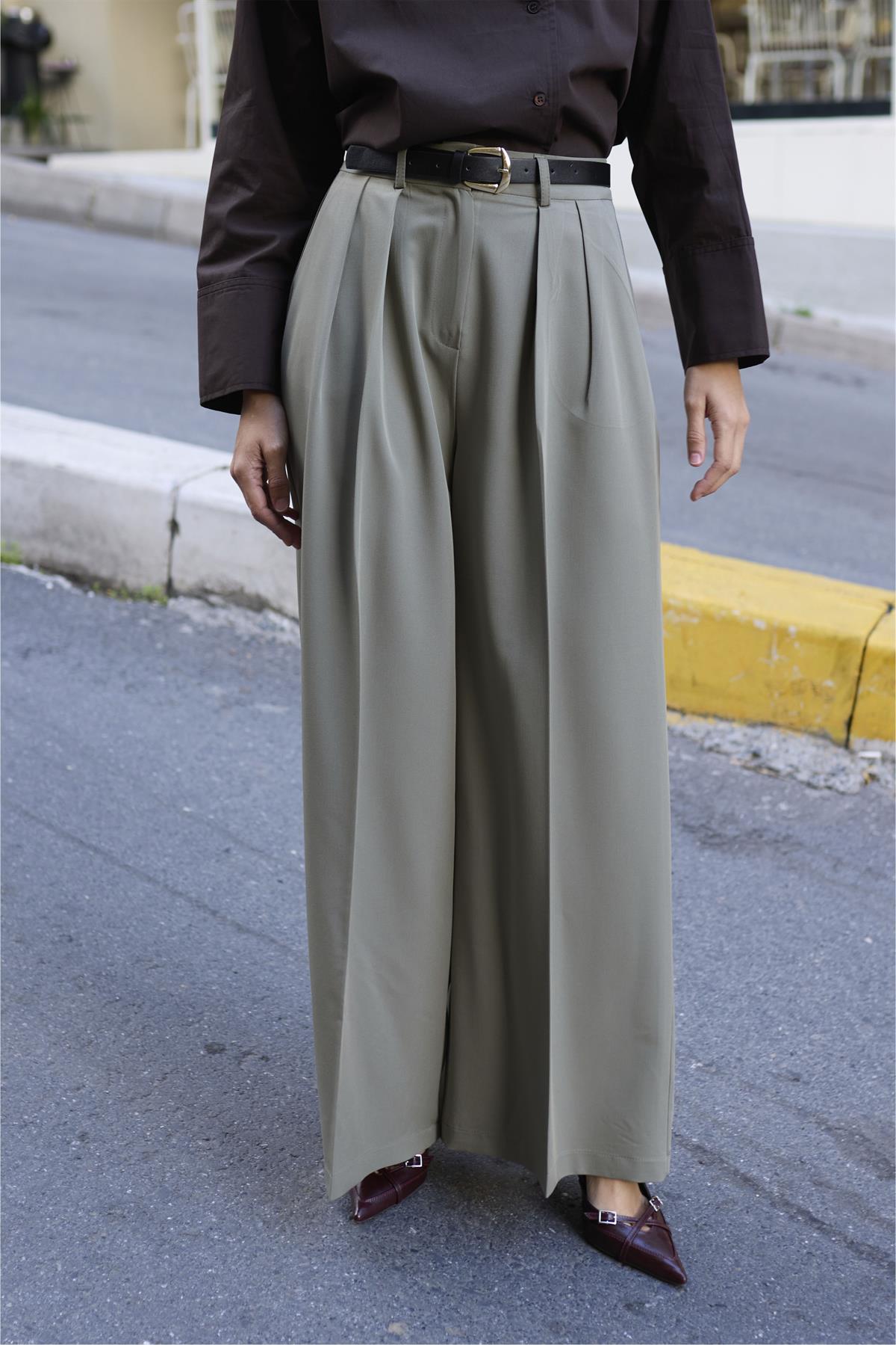 51070 PİLİLİ PALAZZO KEMERLİ PANTOLON HAKİ