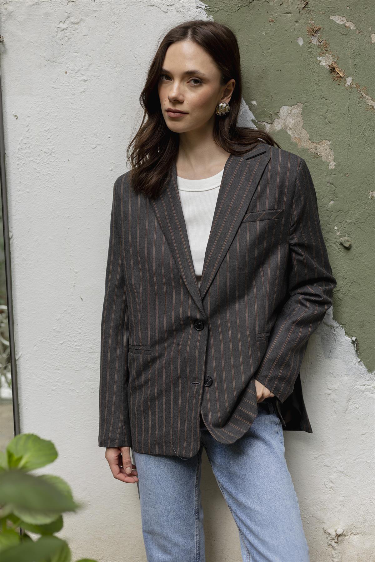 9558 ÇİZGİLİ POLİVİSKON CEKET ANTRASİT-BORDO