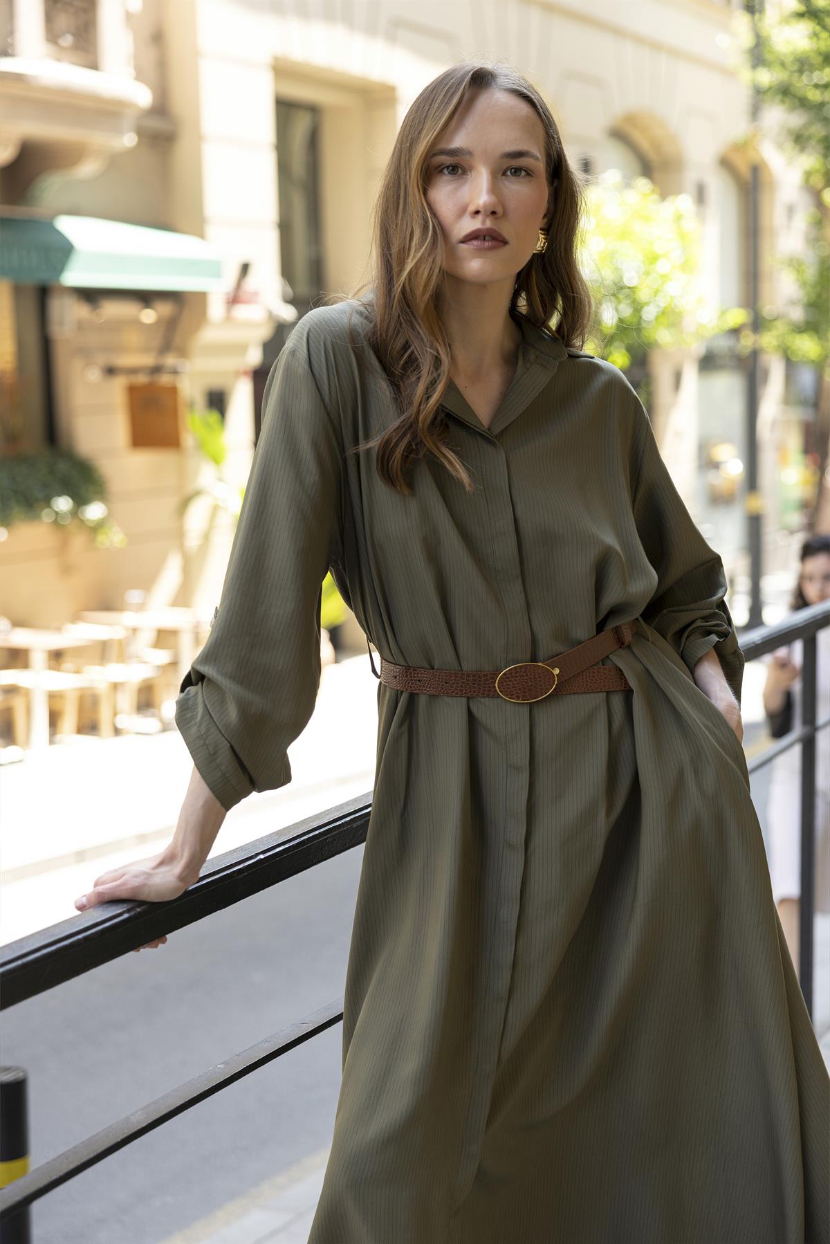 3318 KEMERLİ GÖMLEK ELBİSE HAKİ