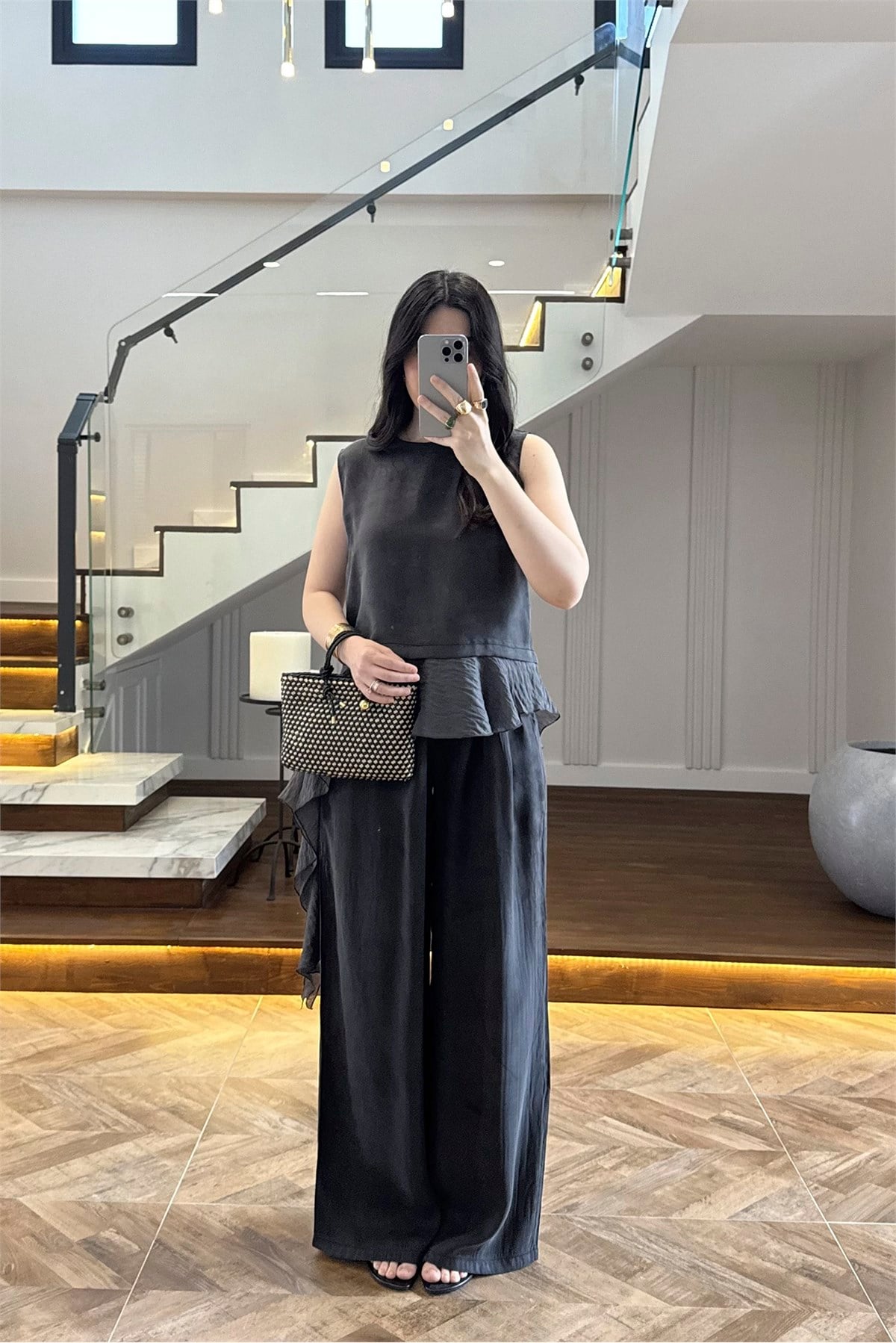 51391 GARNİLİ BLUZ PANTOLON TAKIM SİYAH