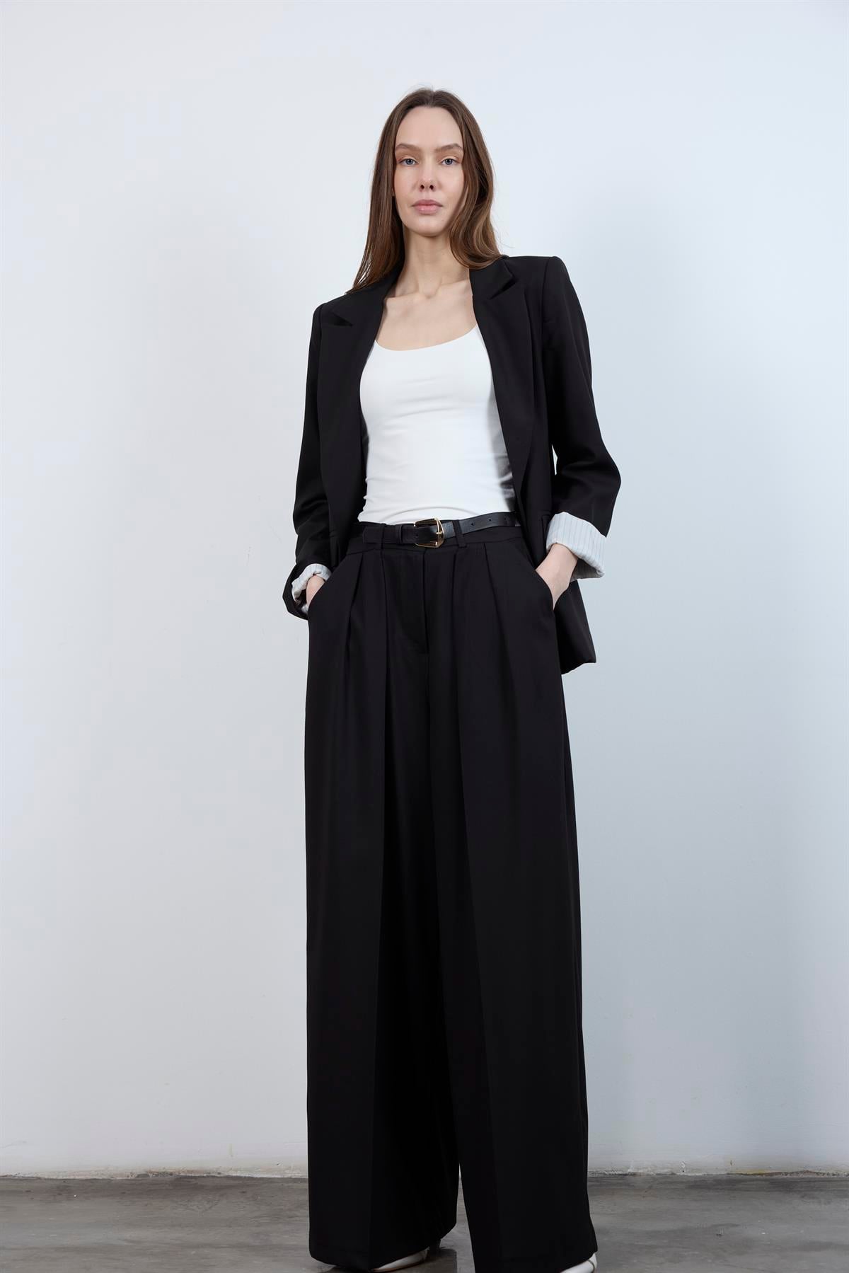 51070 PİLİLİ PALAZZO KEMERLİ PANTOLON SİYAH