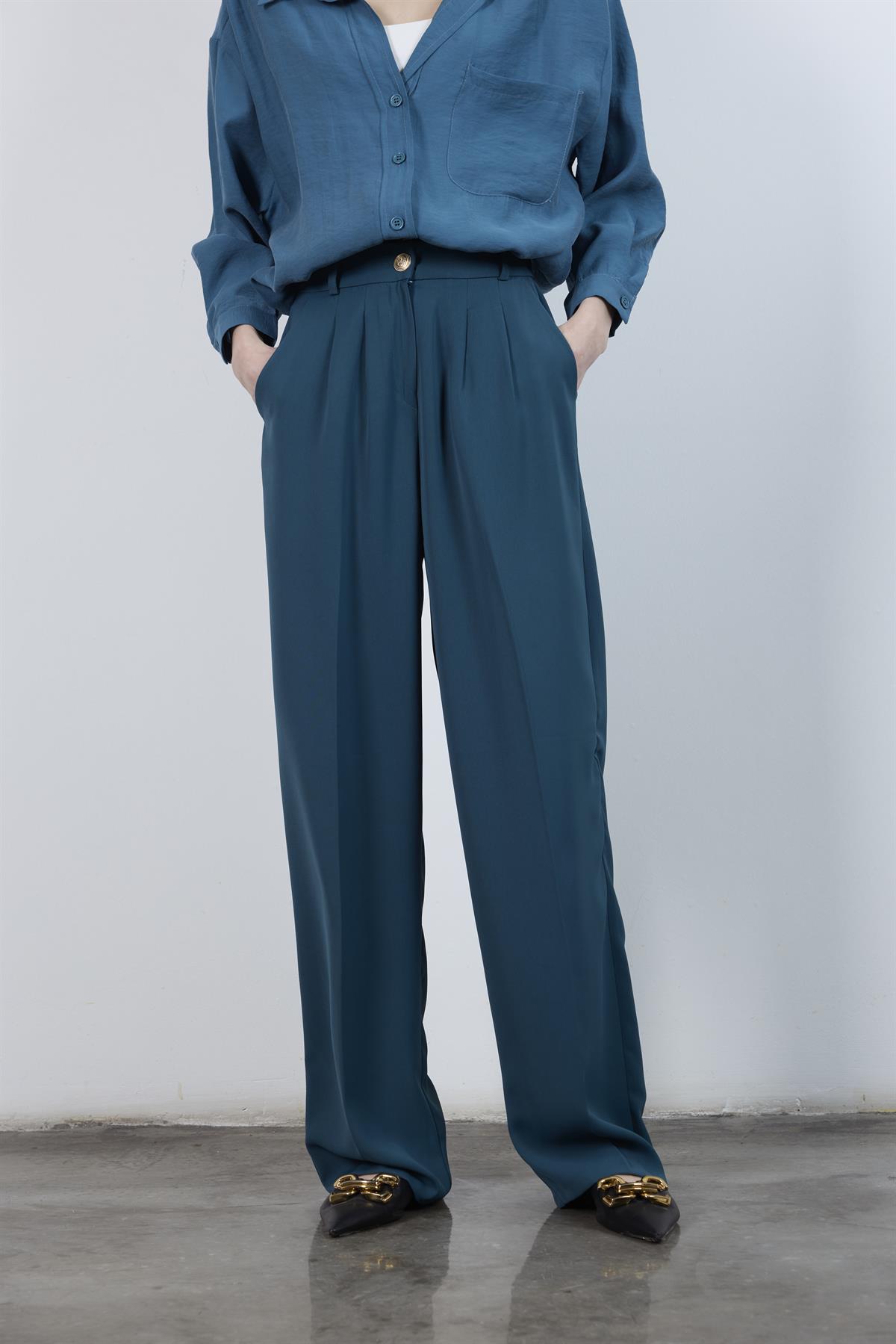 51078 PİLELİ PALAZZO PANTOLON PETROL MAVİ