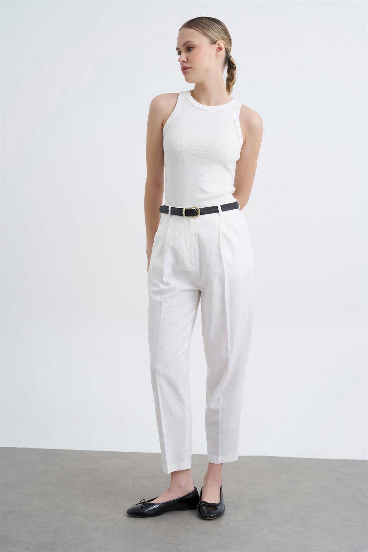 50985 KEMERLİ KETEN PANTOLON BEYAZ