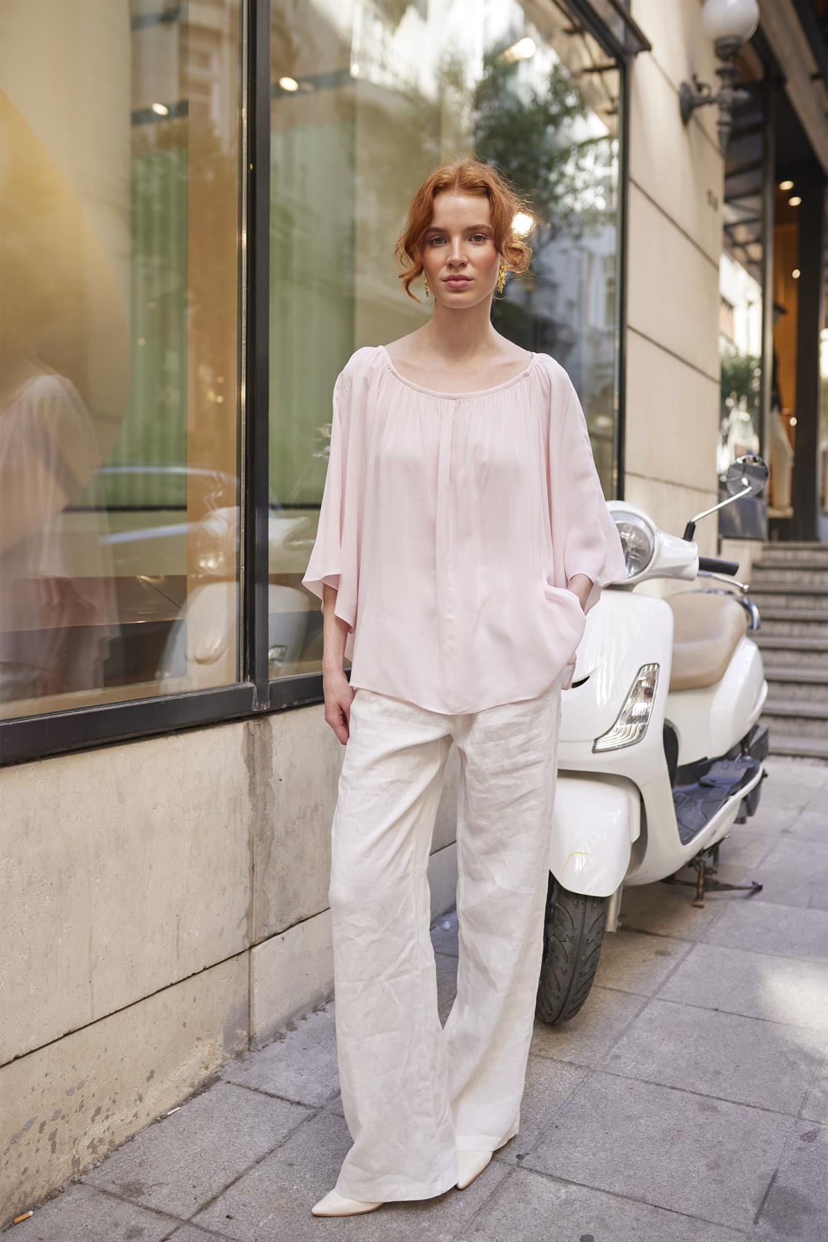 4978 YAKASI LASTİKLİ BLUZ ŞEKER PEMBE