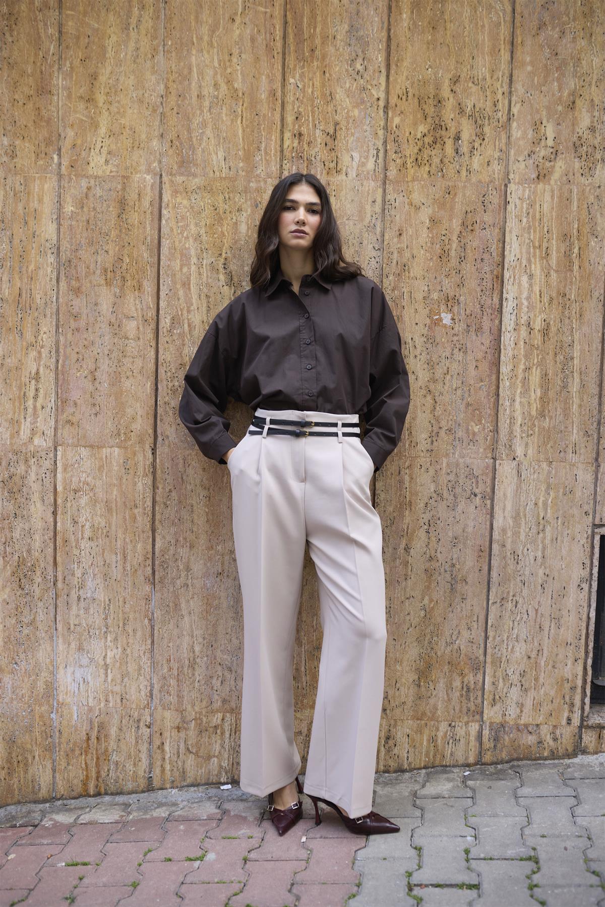 51245 ÇİFT KÖPRÜLÜ PİLELİ PANTOLON TAŞ