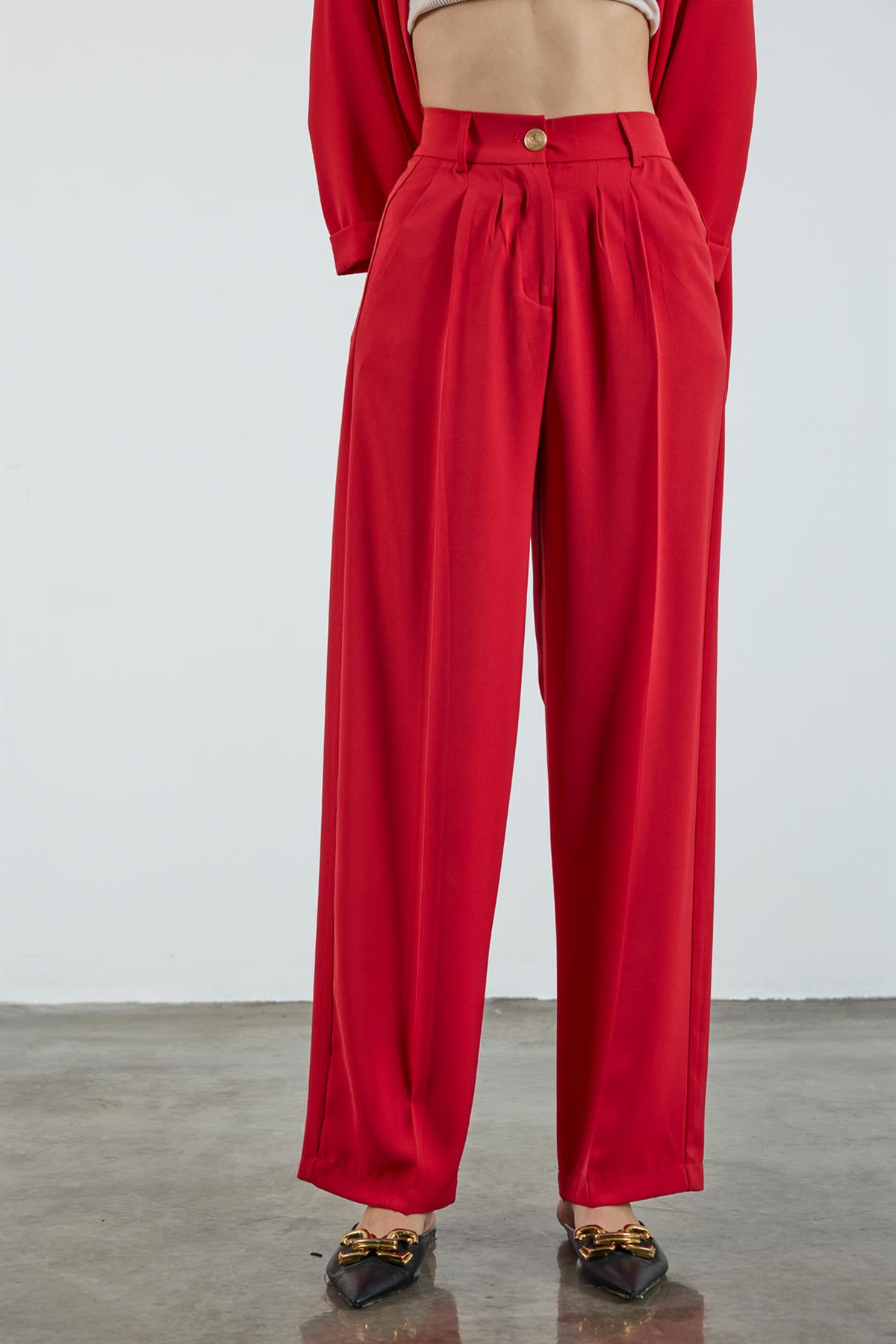 51078 PİLELİ PALAZZO PANTOLON KIRMIZI