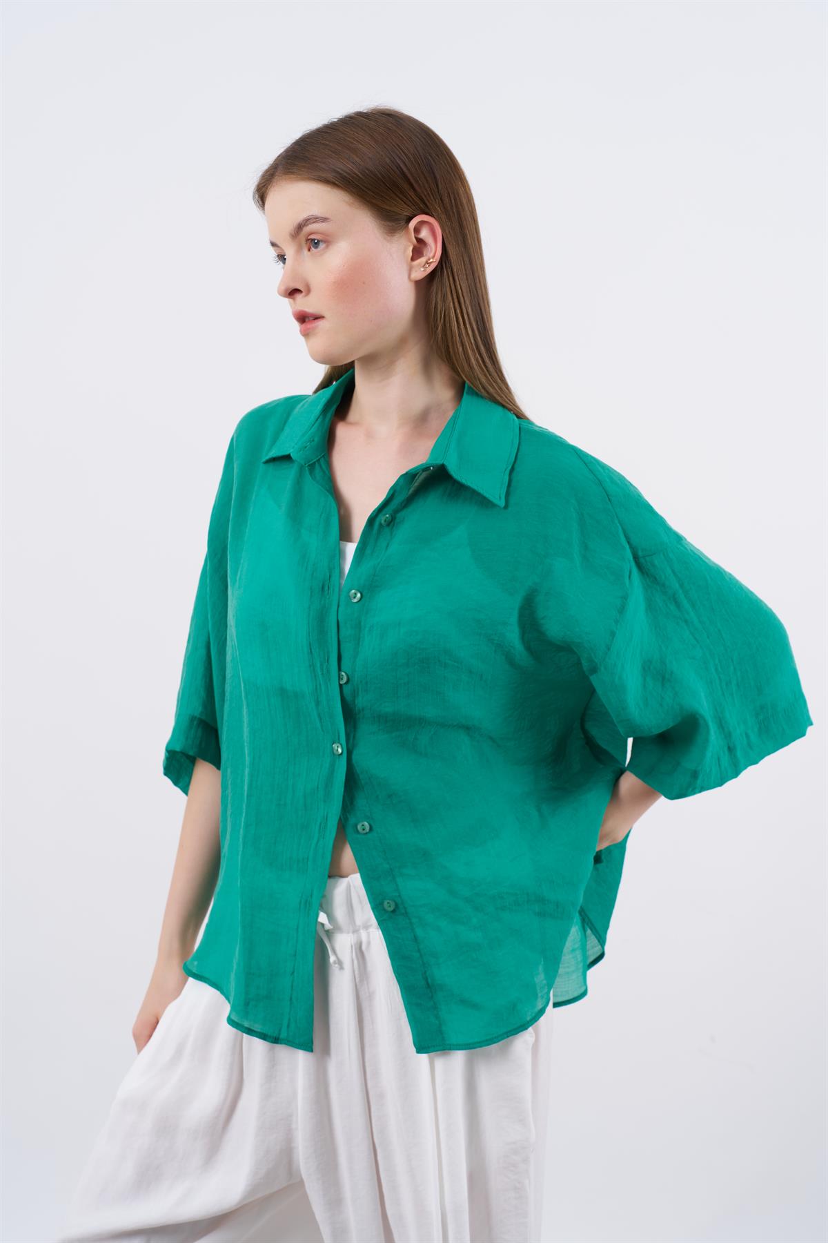 4927 OVERSIZE İPEKSİ GÖMLEK YEŞİL