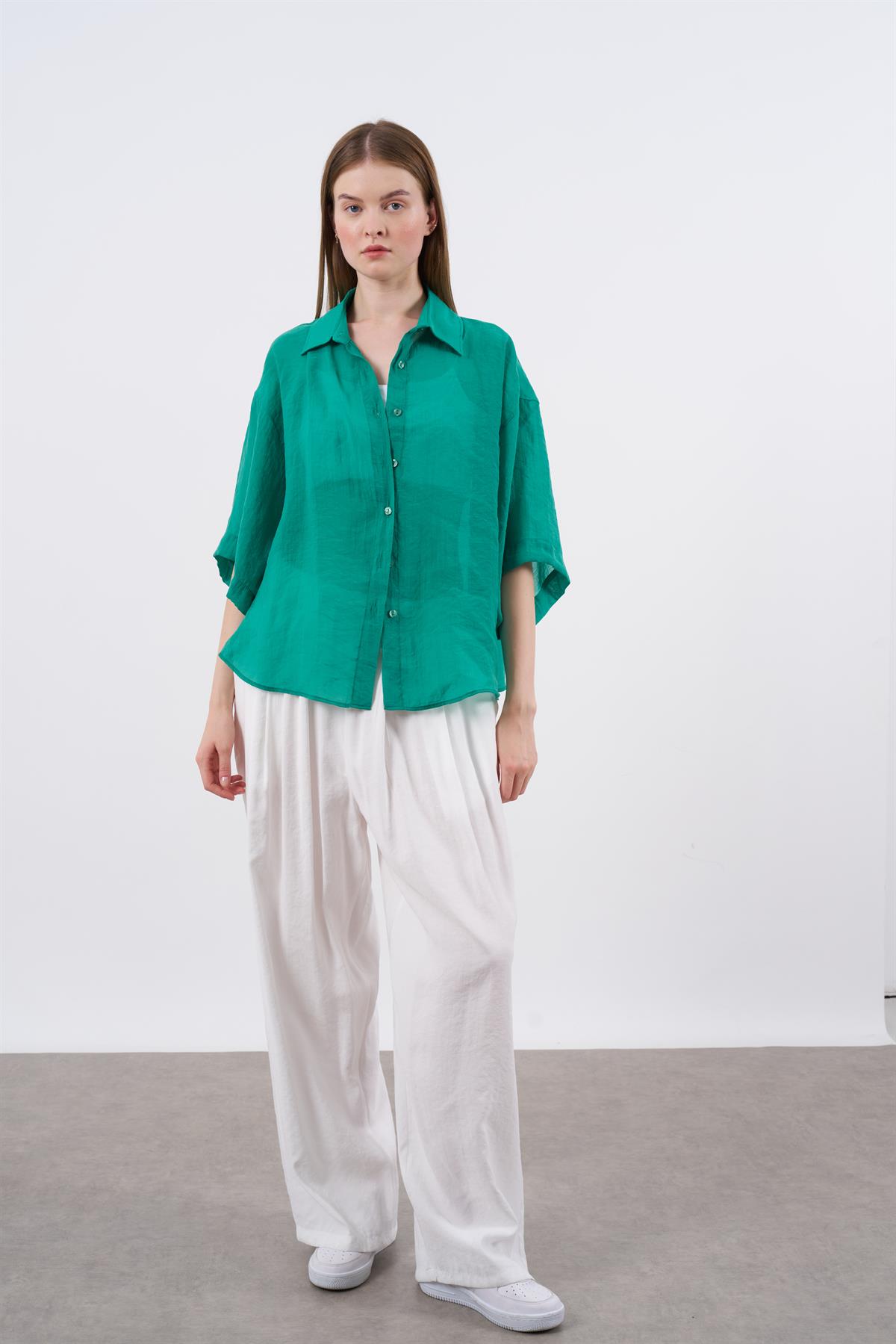 4927 OVERSIZE İPEKSİ GÖMLEK YEŞİL
