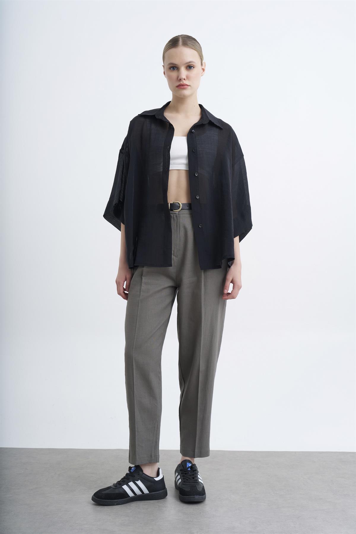 50985 KEMERLİ KETEN PANTOLON HAKİ