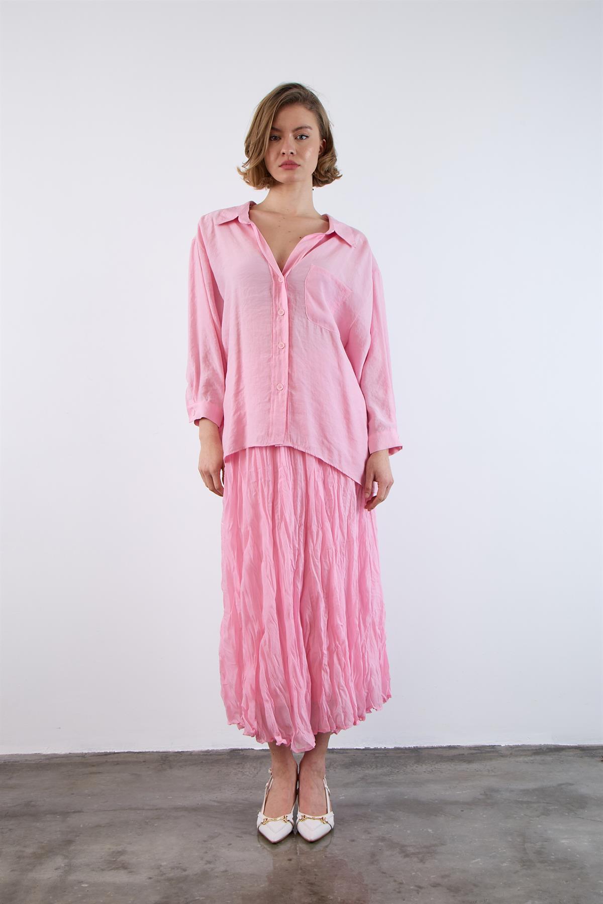 4612 DÜŞÜK OMUZLU OVERSİZE GÖMLEK ŞEKER PEMBE