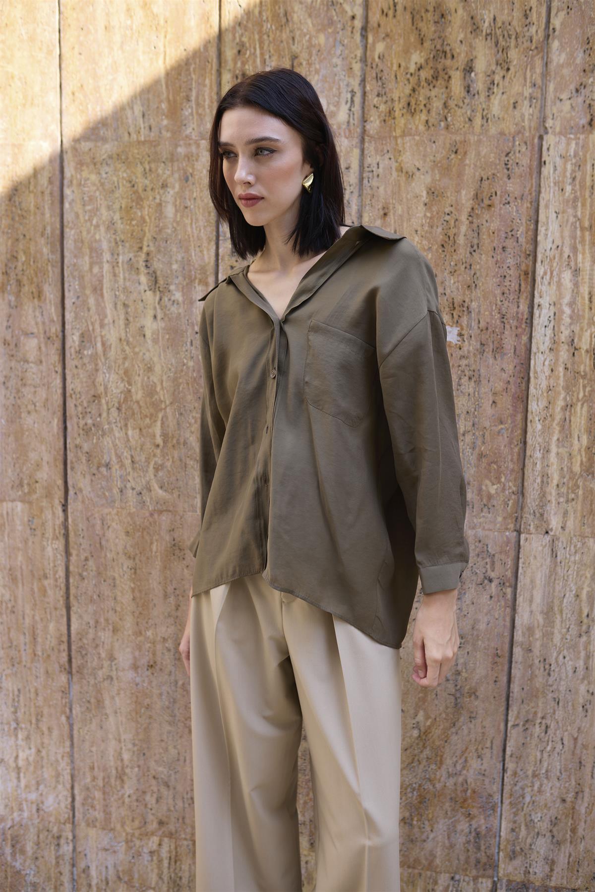 4612 DÜŞÜK OMUZLU OVERSİZE GÖMLEK VİNTAGE HAKİ