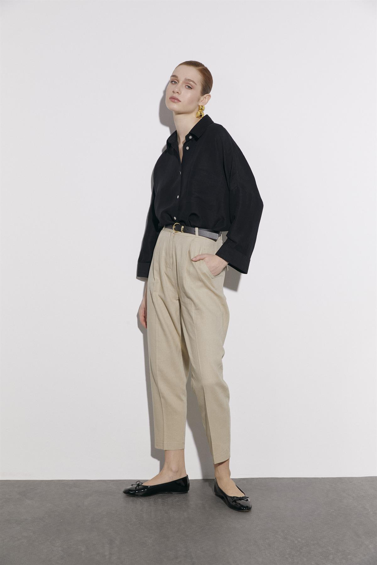 50985 KEMERLİ KETEN PANTOLON TAŞ