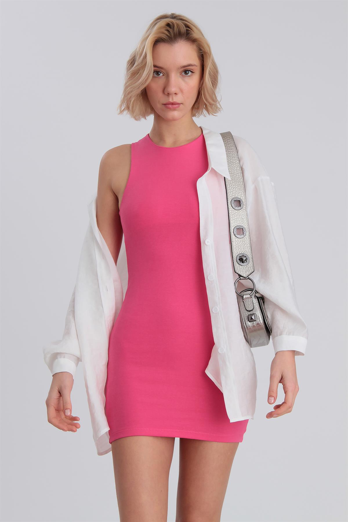 0046 BİSİKLET YAKA PAMUK ELBİSE FUŞYA