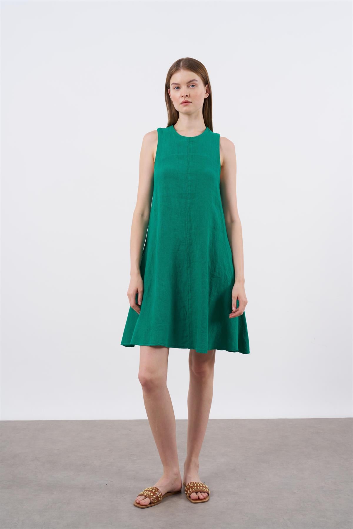 3202 SIFIR KOL KETEN ELBİSE(3181) KOYU ÇİMEN