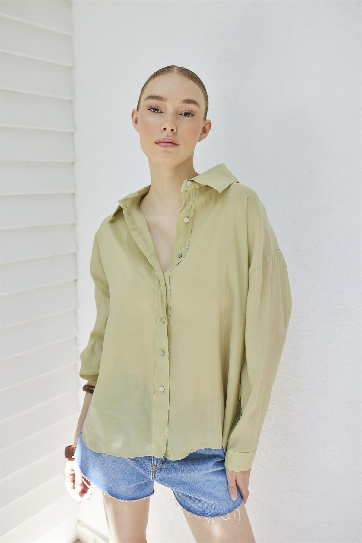 4924 OVERSIZE İPEKSİ GÖMLEK ADAÇAYI YEŞİL