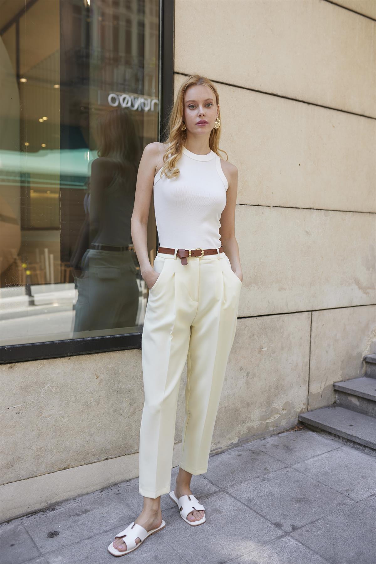 50938 KEMERLİ PANTOLON SARI