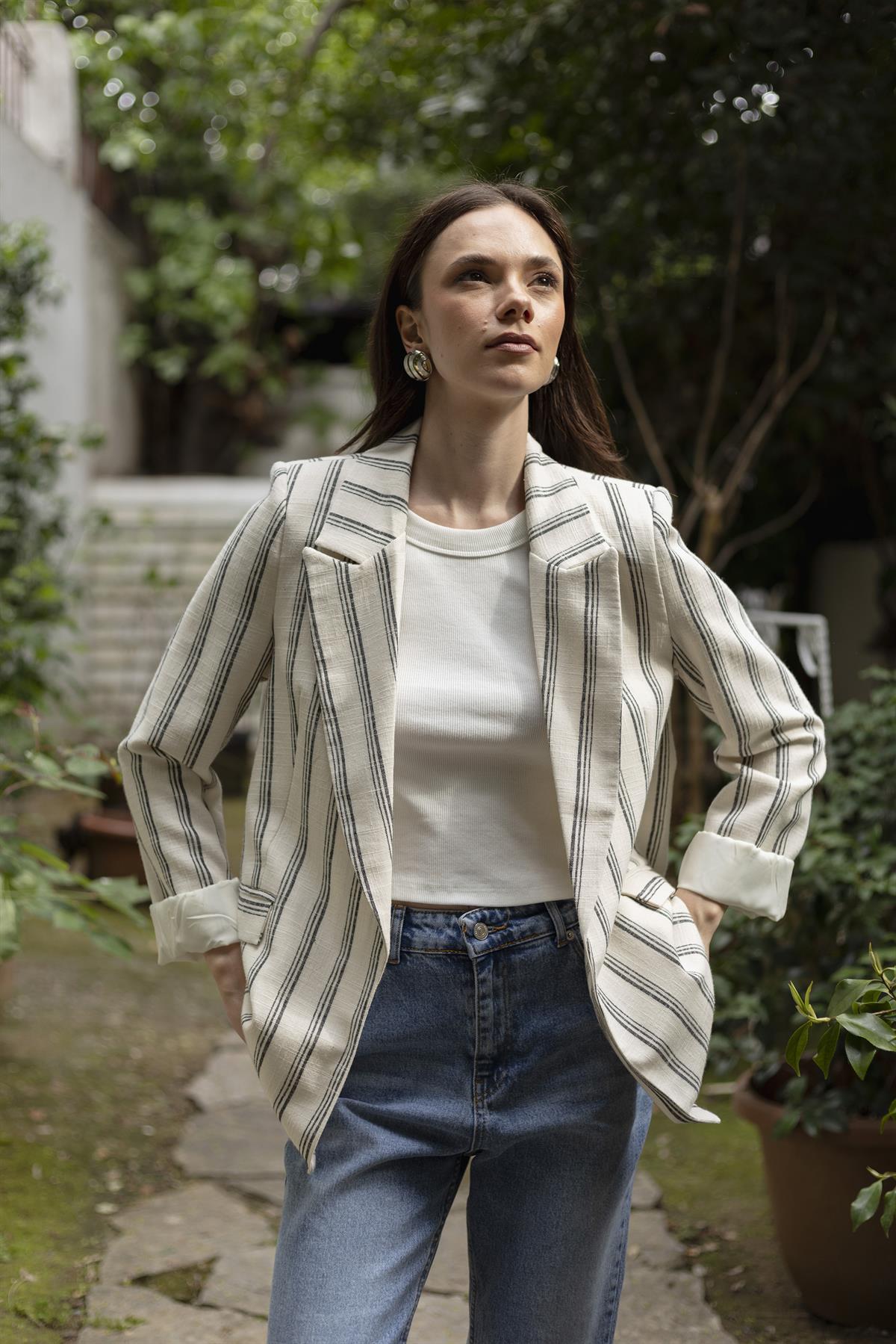 9424 ÇİZGİLİ KETEN CEKET (9134) TAŞ-LACİVERT