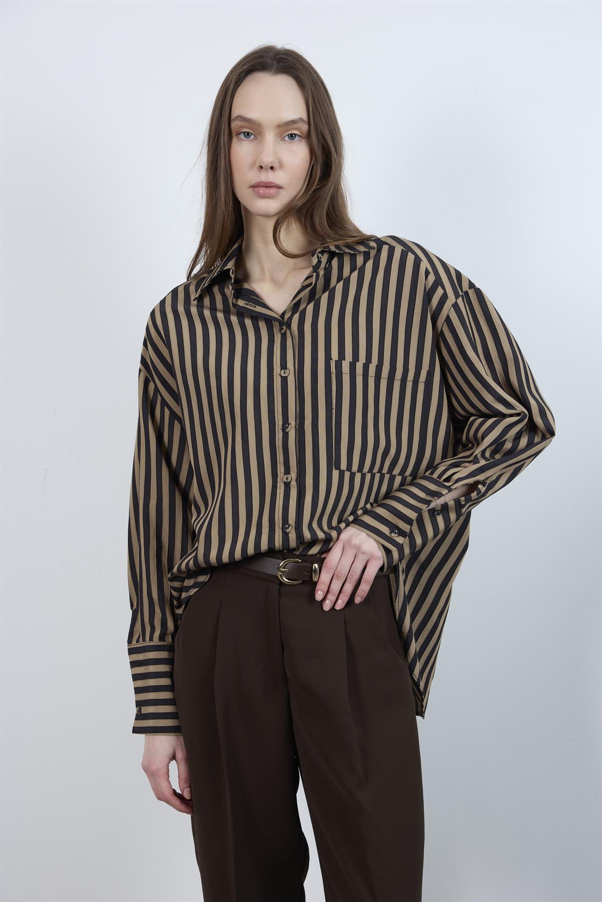 4969 ÇİZGİLİ GÖMLEK CAMEL-SİYAH