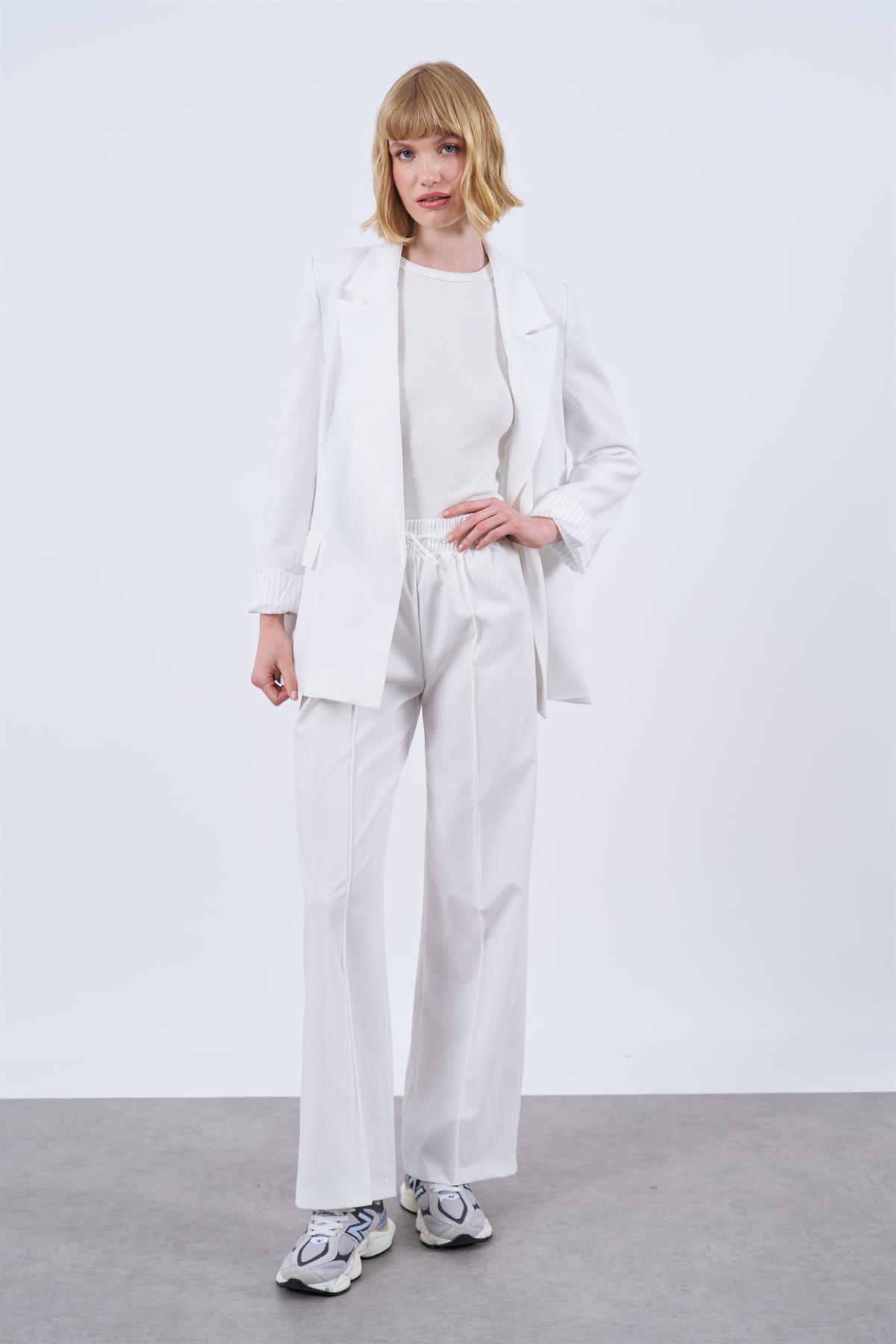 9158 ÇİZGİLİ ASTARLI KETEN CEKET BEYAZ