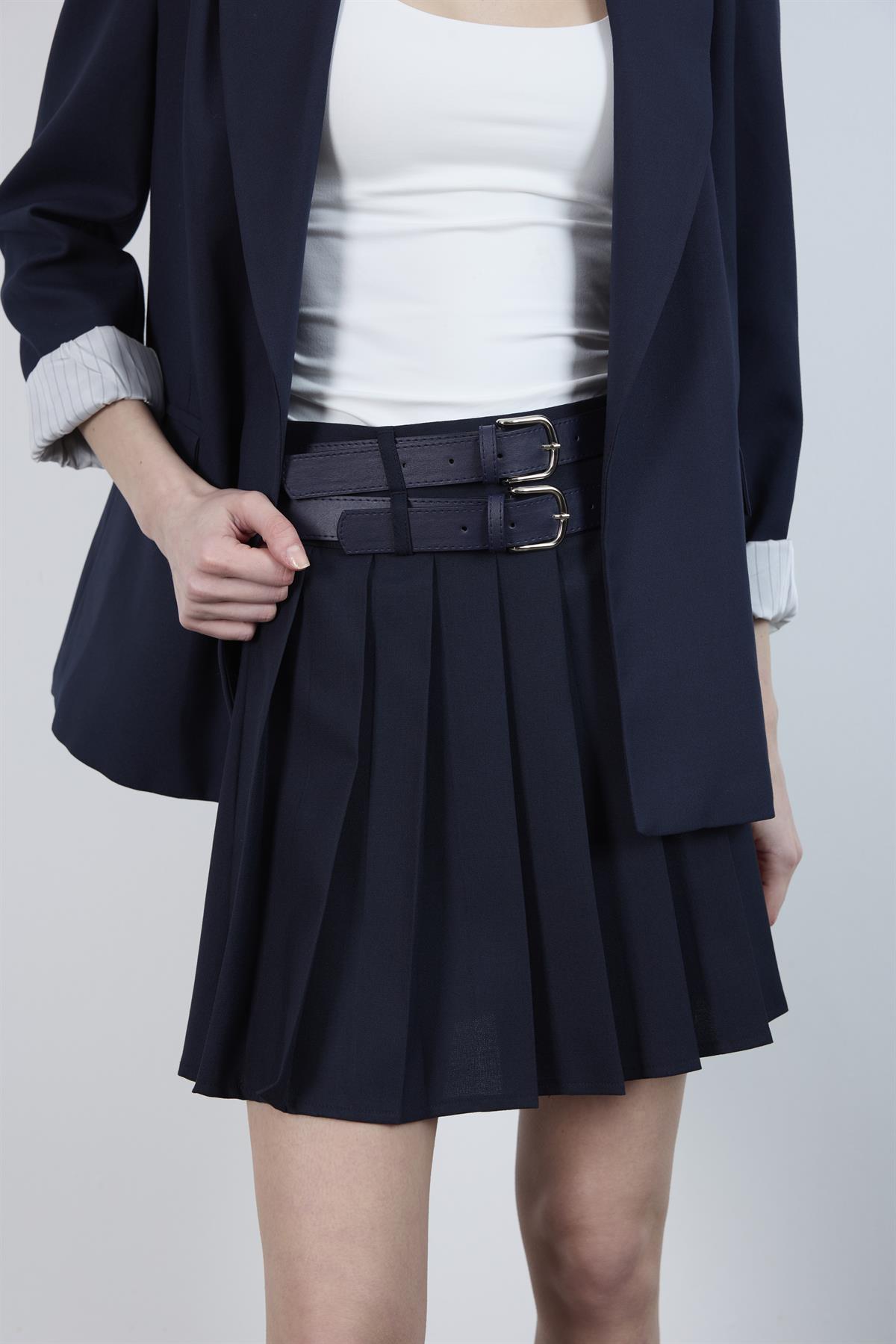 3239 PİLİLİ ÇİFT KEMERLİ ETEK LACİVERT