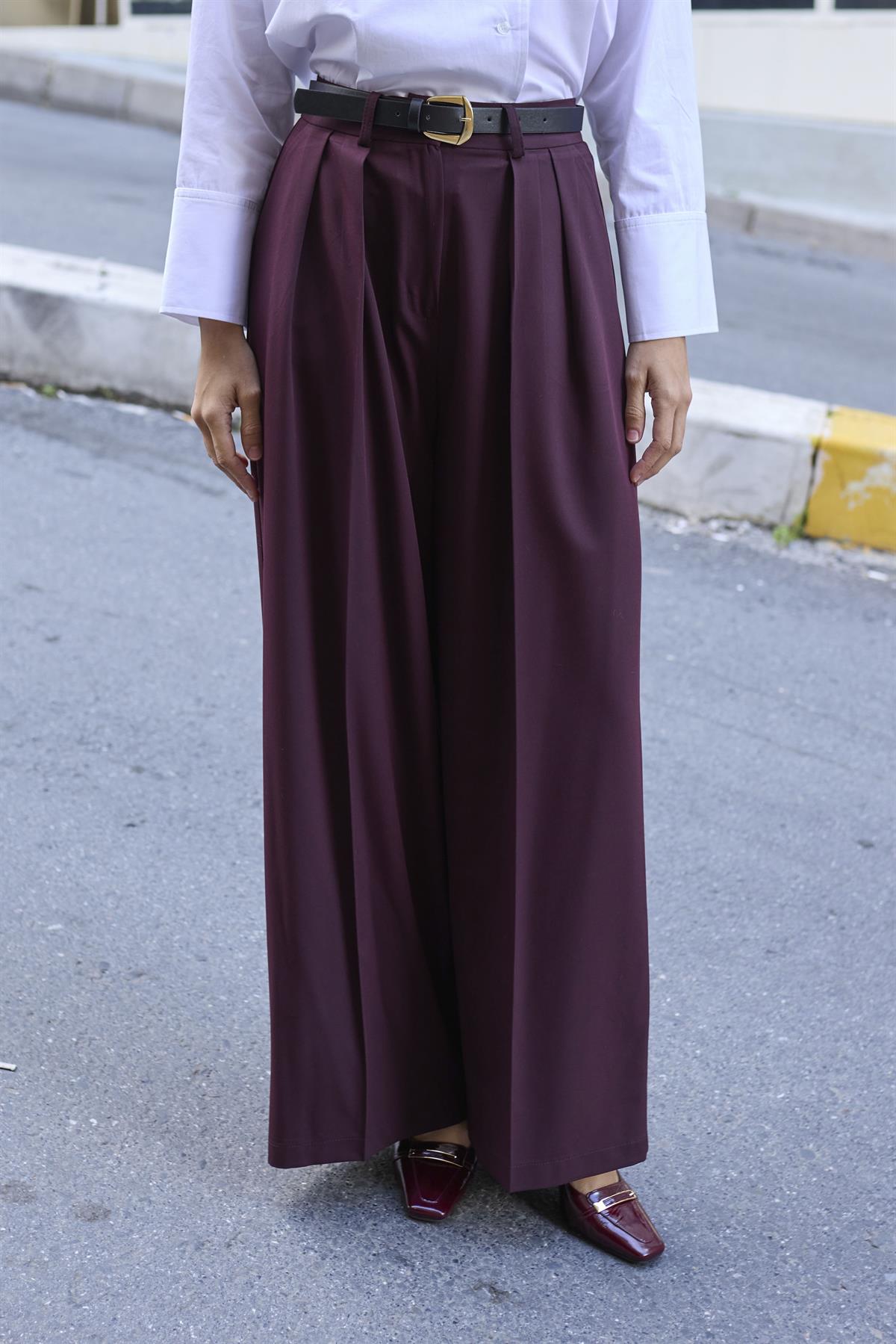 51070 PİLİLİ PALAZZO KEMERLİ PANTOLON MÜRDÜM