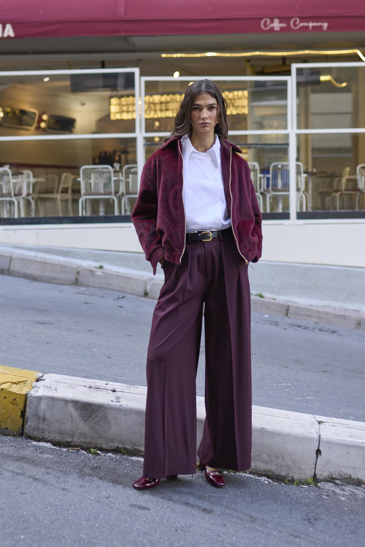 51070 PİLİLİ PALAZZO KEMERLİ PANTOLON MÜRDÜM