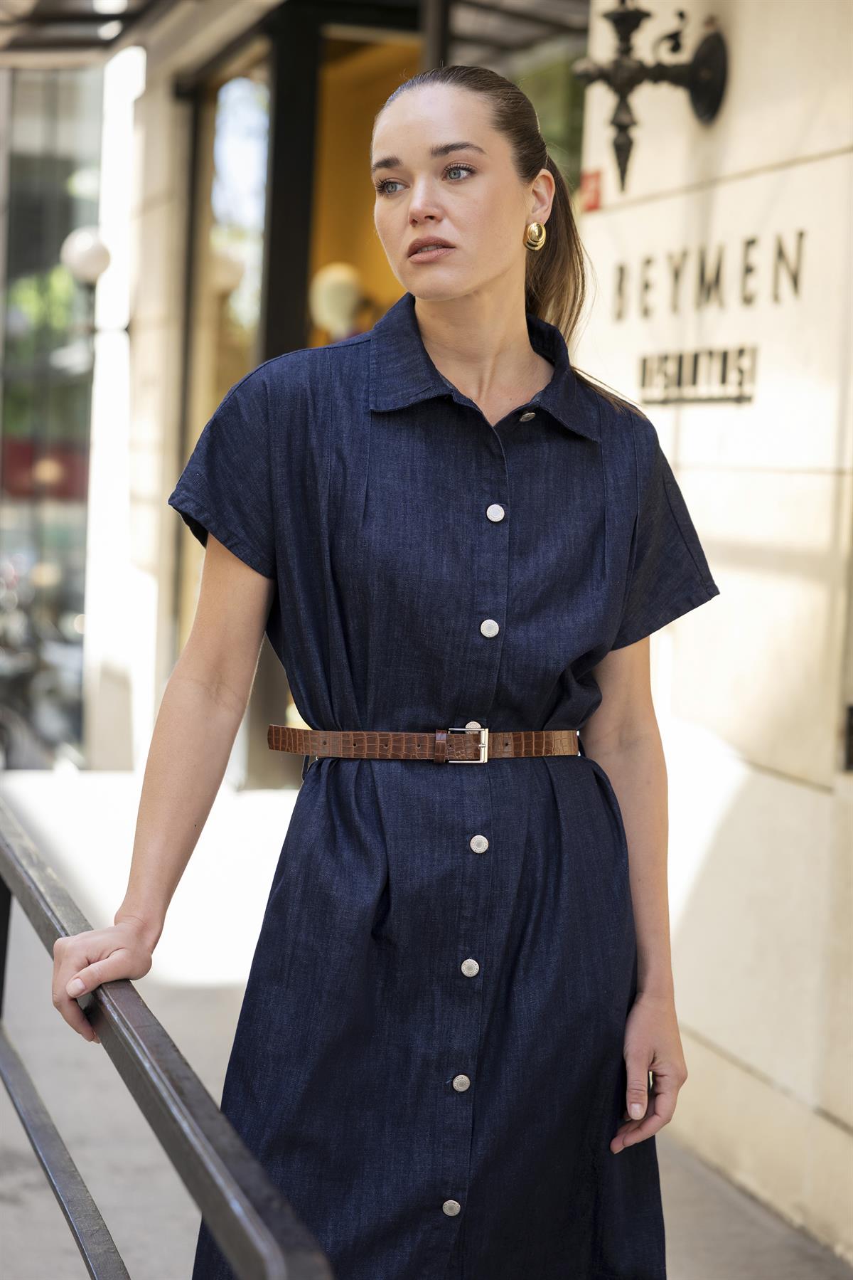 0090 DENİM KEMERLİ ELBİSE LACİVERT